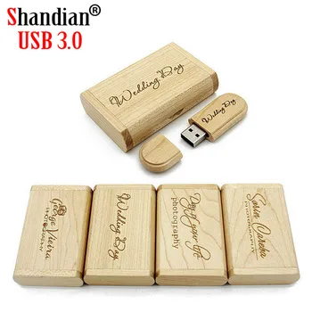 SHANDIAN USB 3.0 miklum hraða frjáls eigið merki Tré USB-lykilinn Maple tré + kassi pendrive 4GB 32GB 64GB minni standa gjafir